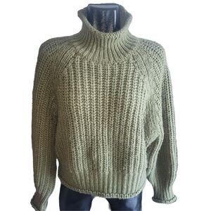Lavon Olive Green Chunky Knit Wool Blend Cropped High Neck Sweater L